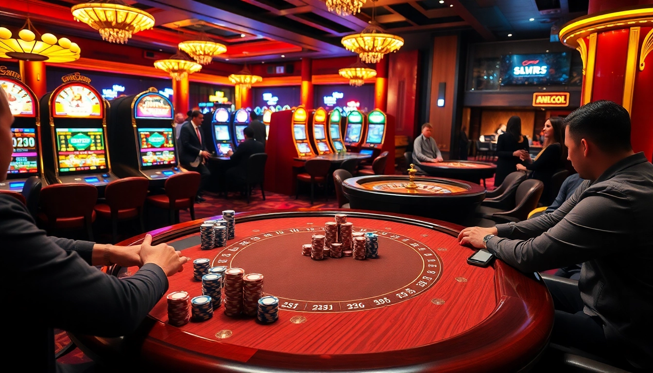 Permainan poker yang menarik di kasino mewah dengan elemen Utama4D dan chip poker yang berwarna-warni.