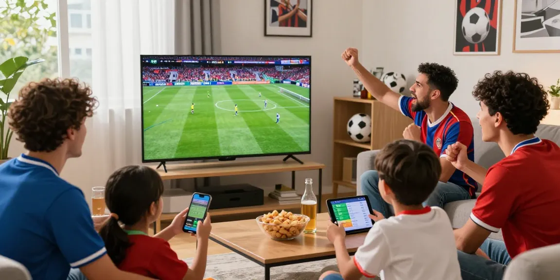 Pengalaman live streaming bola di ruang tamu, dengan TV HD menampilkan pertandingan sepak bola dan penggemar yang antusias.