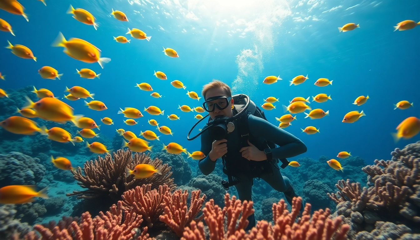 Tauchen in einer bunten Korallenlandschaft mit einem Taucher, umgeben von Fischen.