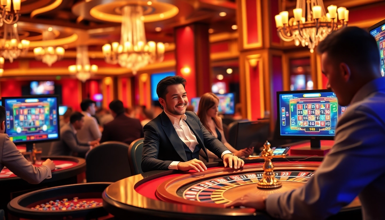 Joueurs engagés profitant des jeux en ligne dans un casino en ligne avec des tables et des jetons vibrants.