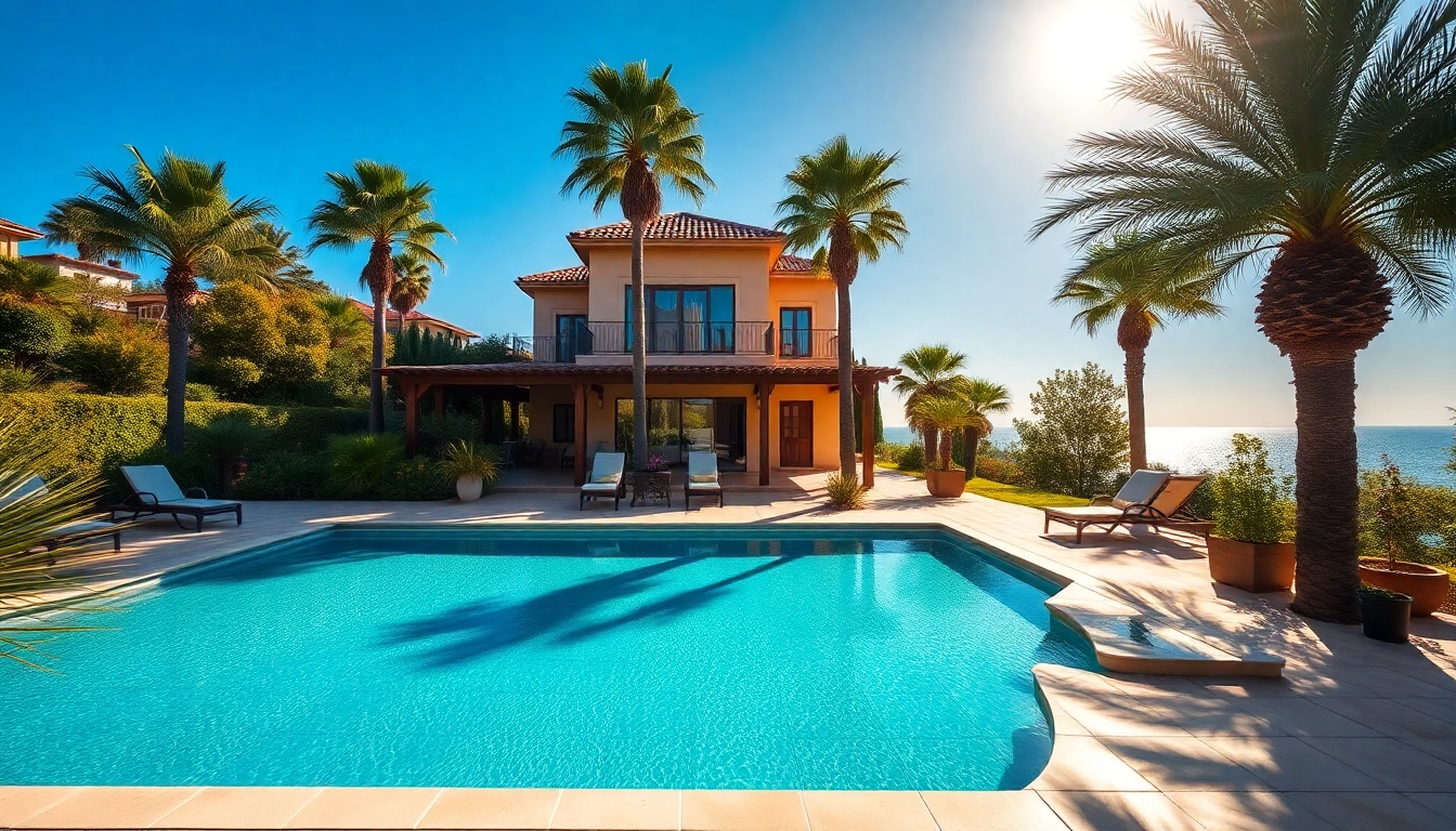 View of inviting villa with pool, highlighting alanya turkey homes for sale in a sunny Mediterranean setting.