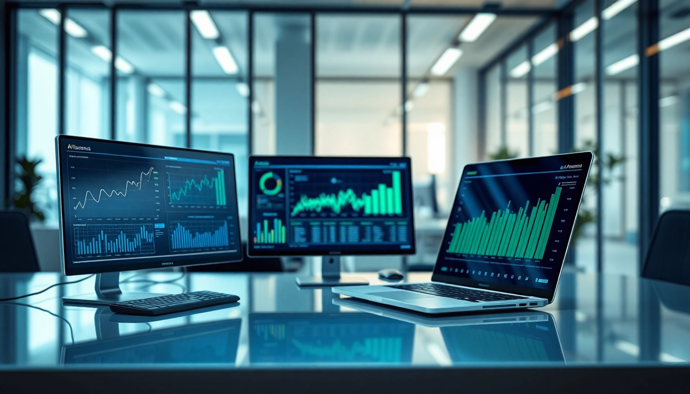 Illustration of AI for competitive intelligence analysis tools displayed on a modern desk, showcasing graphs.