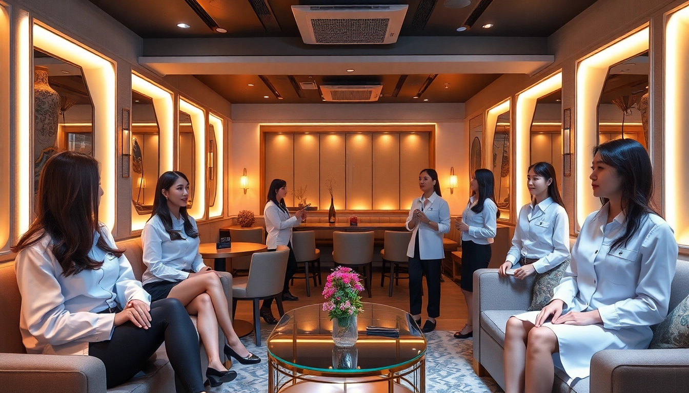 Suwon셔츠룸 showcasing an elegant interior with attractive managers engaging with guests, perfect for nightlife enthusiasts.