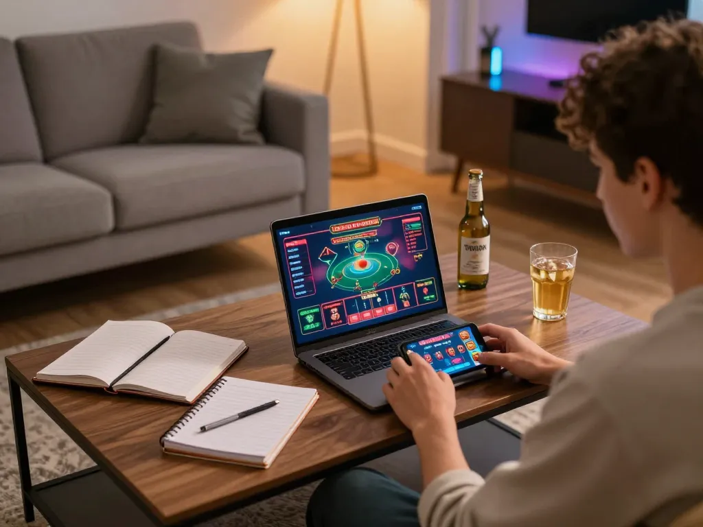 A player enjoying online gambling at Nhà cái 79king using laptop and smartphone in a cozy setting.