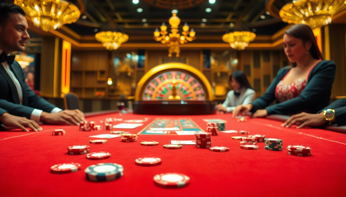 Experience high-stakes excitement at an NK88 casino table with vibrant poker chips and elegant players.