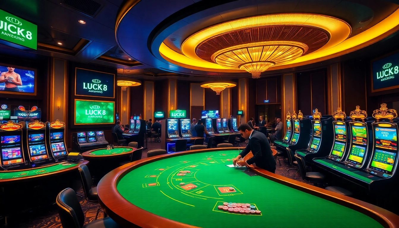 Experience thrilling gameplay with LUCK8's vibrant casino scene featuring tables and slots.