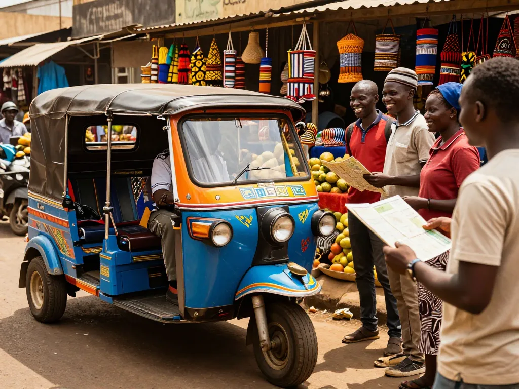 Tuk tuk drivers Kenya welcoming tourists at a vibrant Nairobi street market.