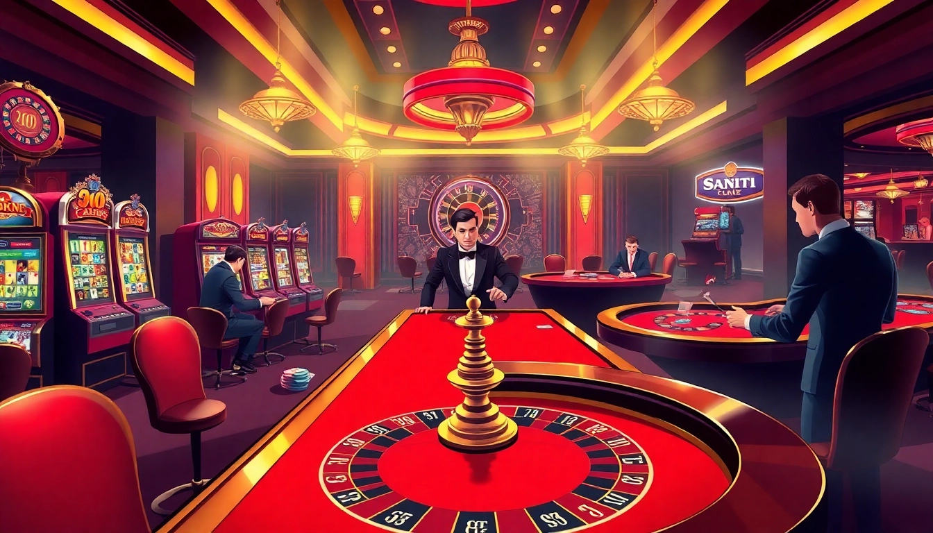 A vivid casino scene featuring gaming tables and slot machines at s8.com, showcasing excitement and luxury.