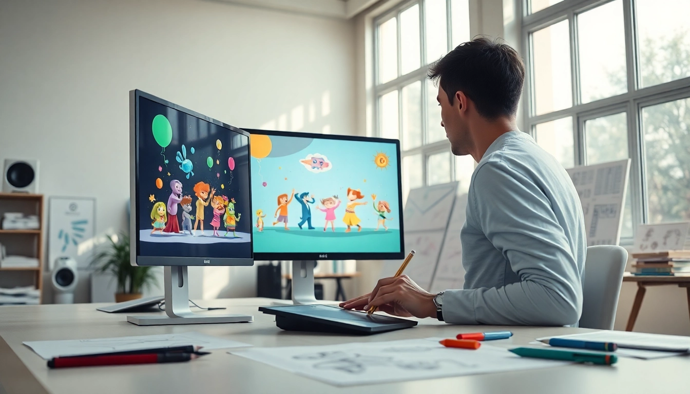 Animation Erstellen durch kreativen Designer in hellem Studio mit Animationstools und lebendigen Charakteren.