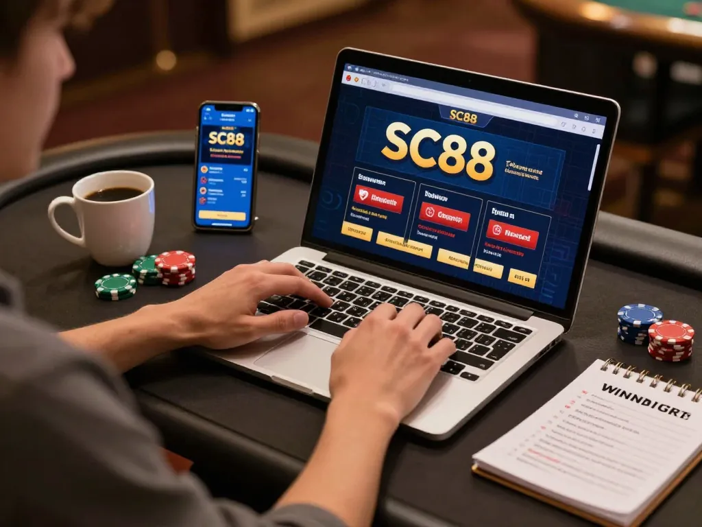 Player engaging with SC88 online casino on a laptop, surrounded by strategy notes and poker chips.