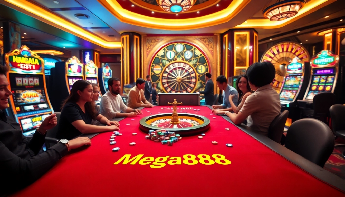 Players enjoying the Mega888 gaming experience at a lavish casino table.