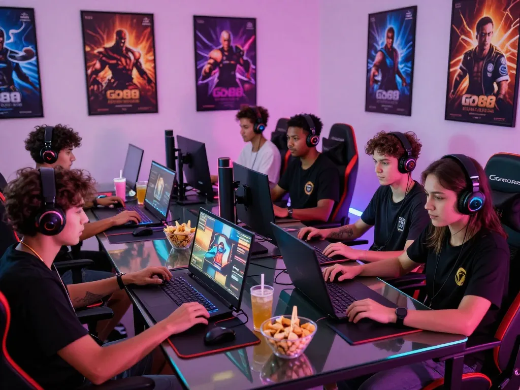 Enthusiastic gamers enjoying Go88 games in a vibrant gaming setup with colorful LED lights and posters.