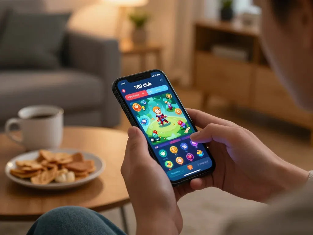 Playing exciting games at 789 club on a smartphone in a cozy home setting, highlighting a relaxed gaming atmosphere.