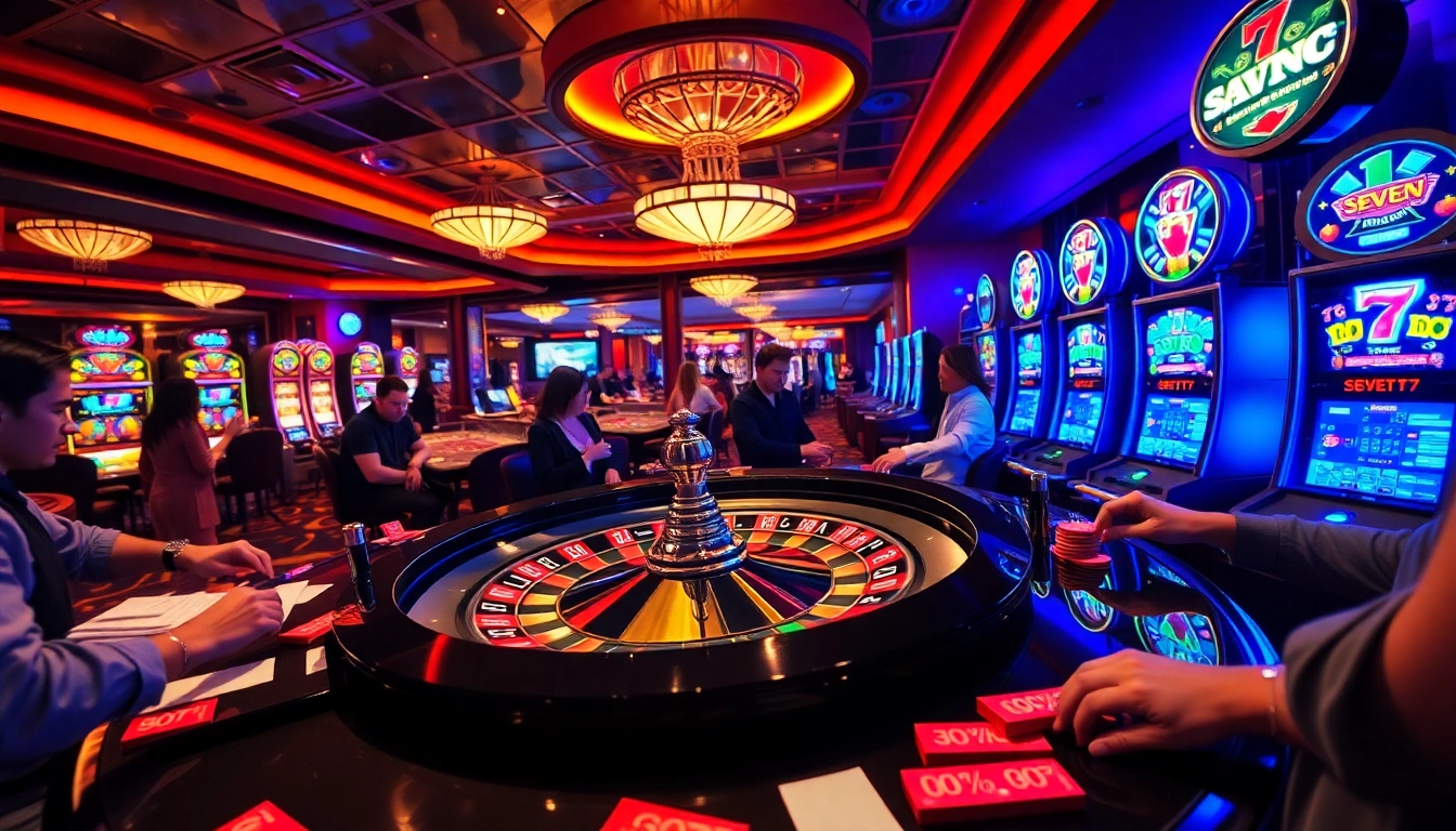 Experience the excitement of gambling with seven77 at a luxurious casino scene filled with vibrant action.