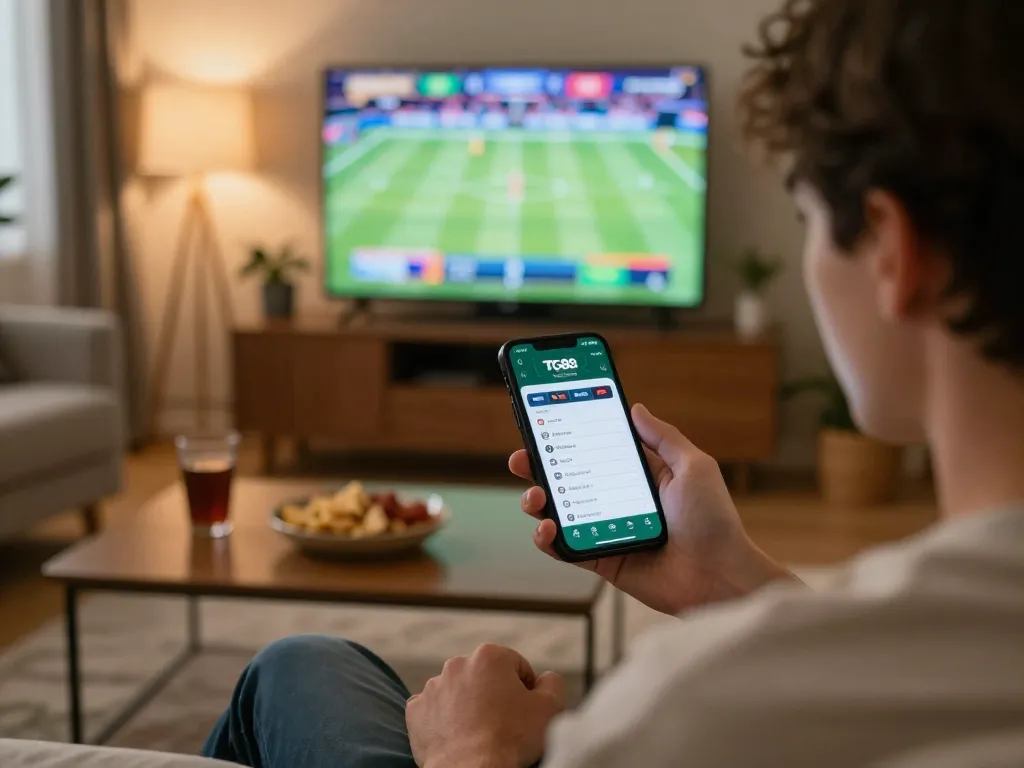 Player engaging with the TG88 app for mobile sports betting in a cozy living room setting.