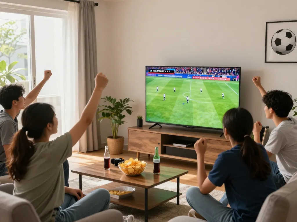 Friends enjoying a Cakhiatv soccer match together in a lively living room.