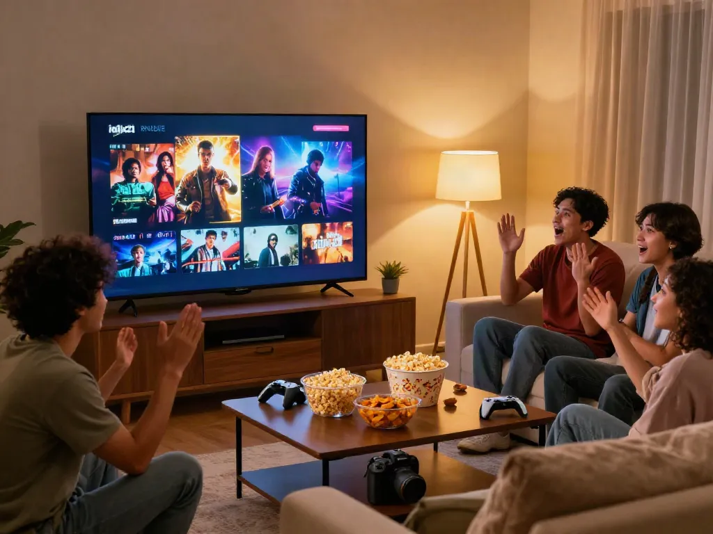 Friends enjoying a movie night on idlix21 with snacks and a vibrant TV.
