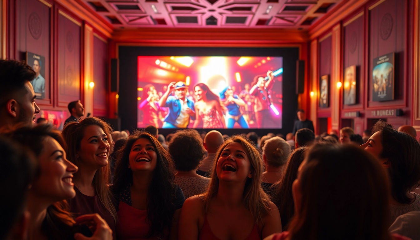 Engage in ดูหนัง as an excited audience watches a captivating film in a lively theater setting.
