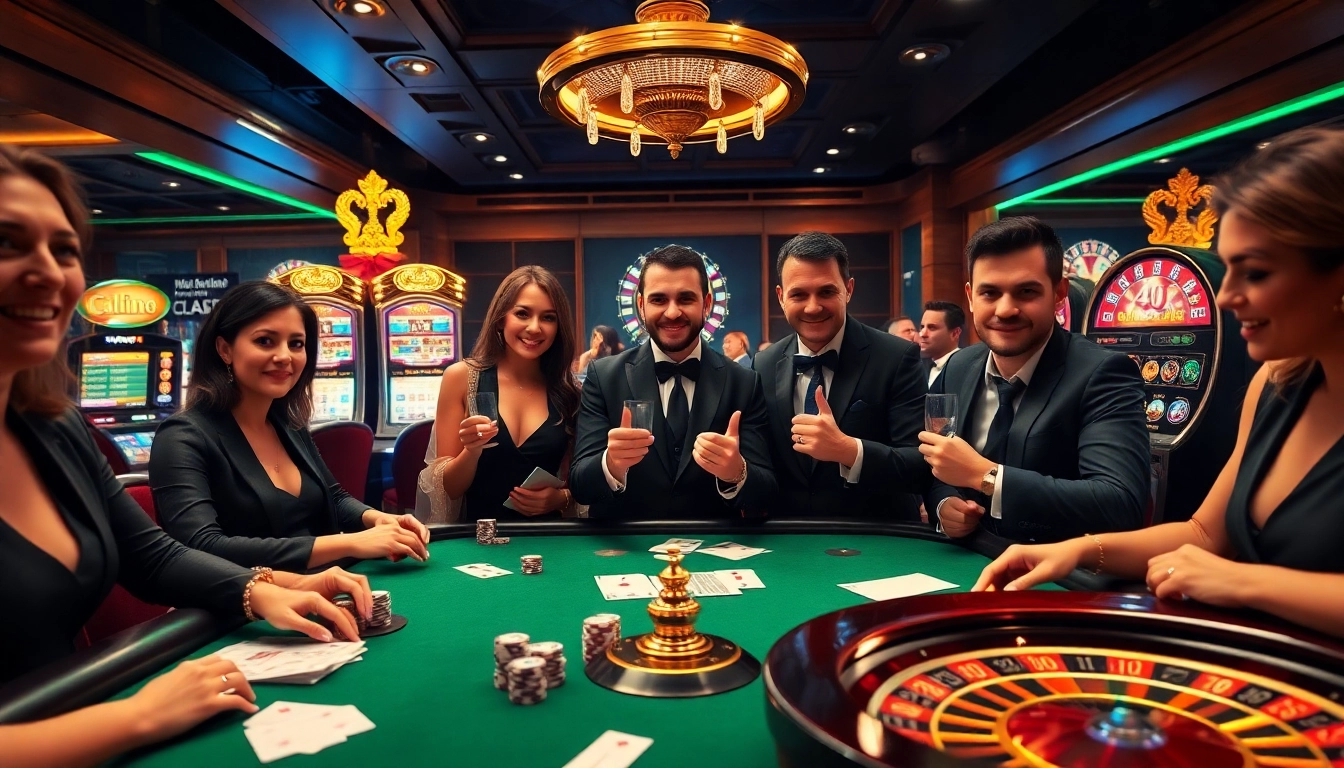 Joueurs enthousiastes participant à une expérience dynamique de casino en ligne avec des tables vibrantes et une décoration élégante.