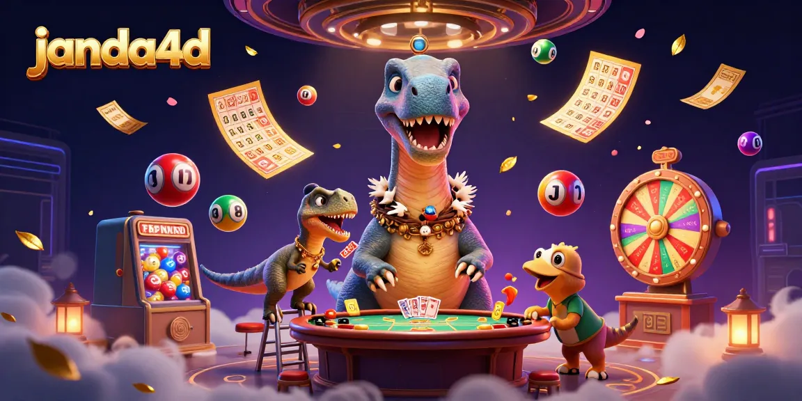Janda4D menghadirkan suasana kasino dengan brontosaurus dan raptor yang dealer kartu, menghibur pemain.