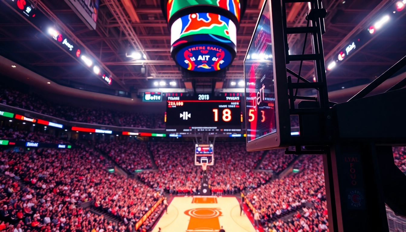 Live basketball scoreboard displaying exciting ผลบาสสด in a vibrant sports arena atmosphere.