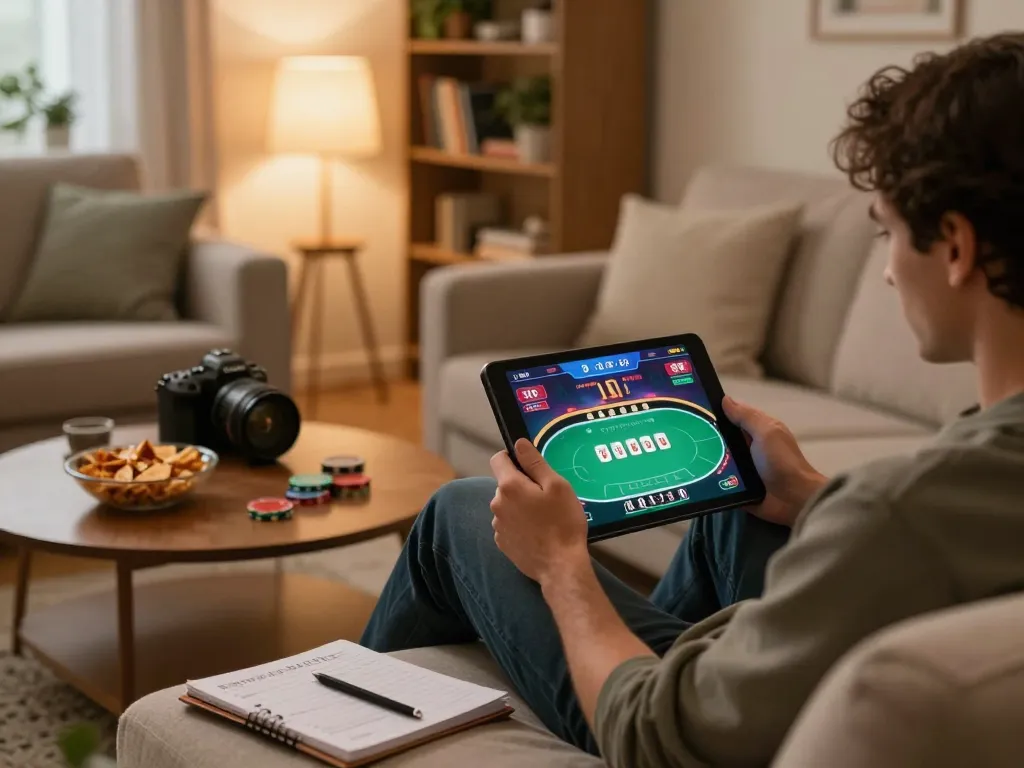Player enjoying a poker game on 98win tablet, cozy home atmosphere with strategy notes.