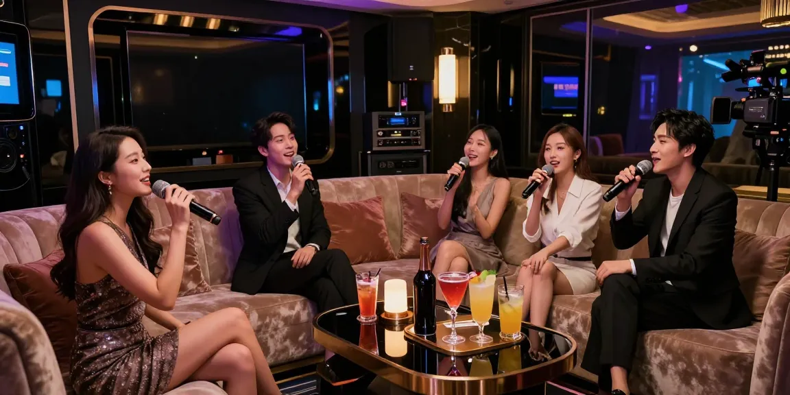 강남쩜오에서 고급스러운 카라오케 룸을 즐기는 모습, 프라이빗한 분위기와 세련된 인테리어