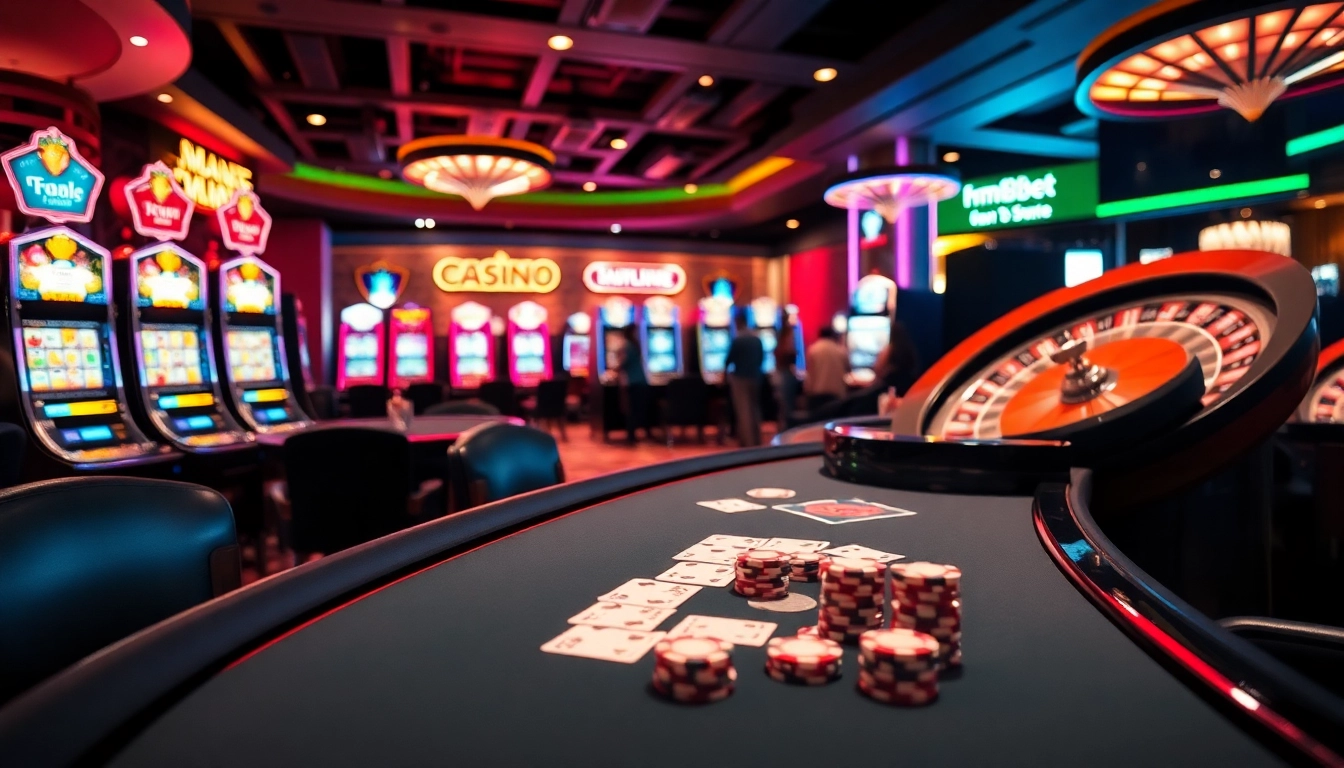 Experience the thrill of mm88bet at a vibrant casino, with poker chips, cards, and slot machines.