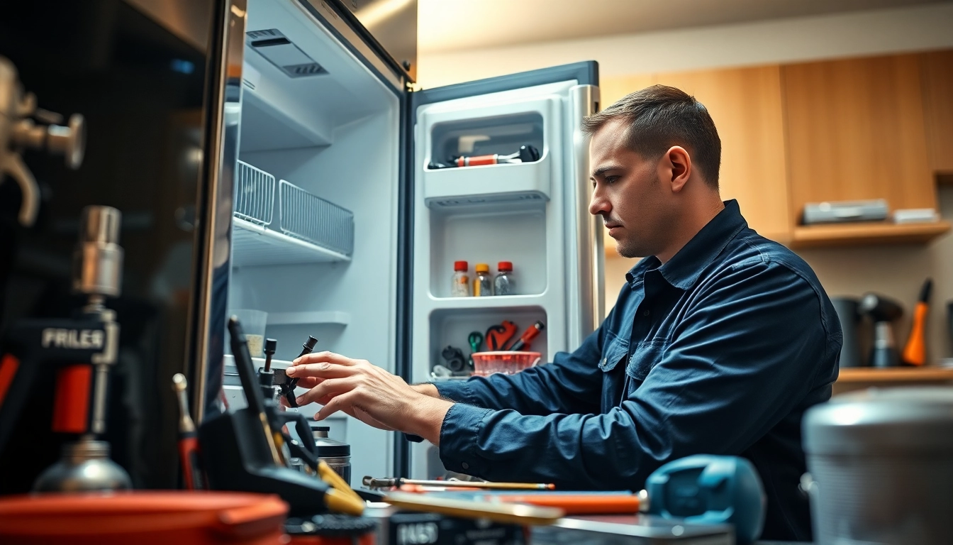Technician performing refrigerator repair ottawa in a modern kitchen with tools and appliances.