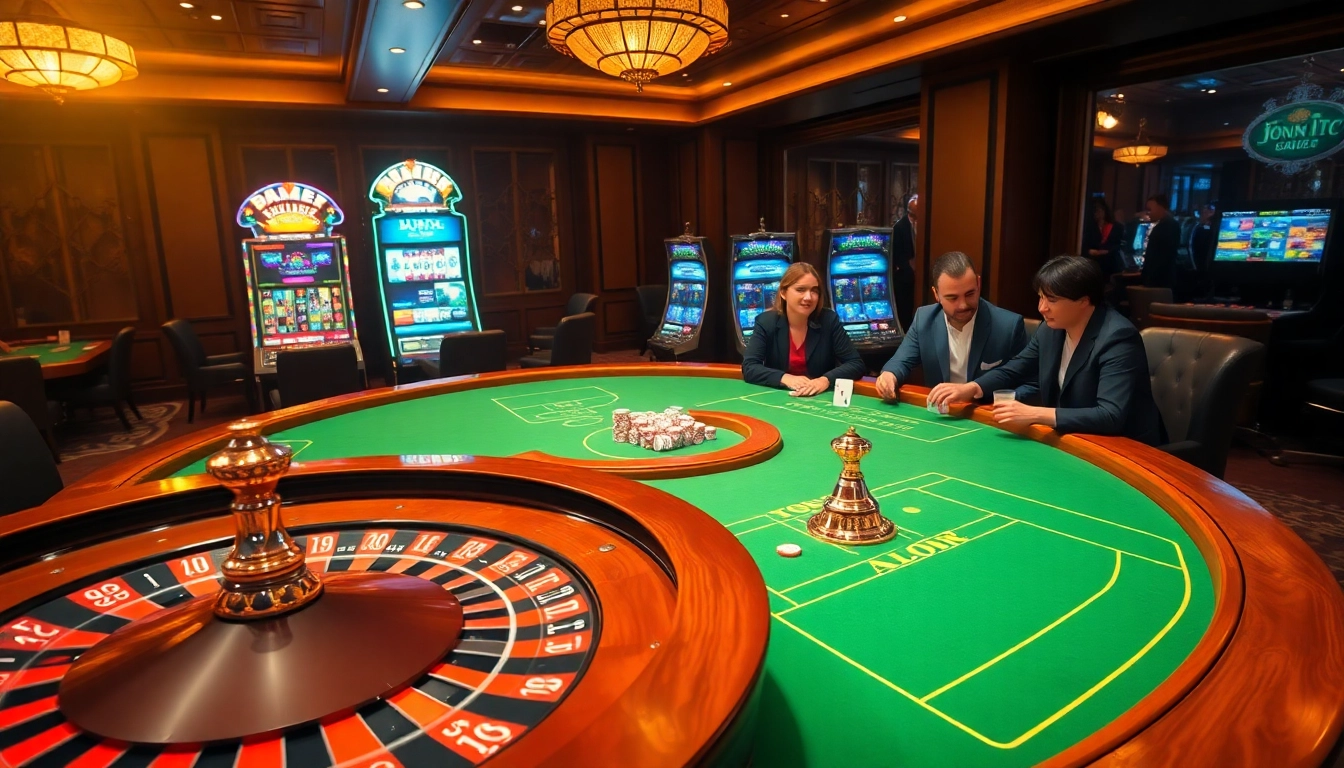 Joueurs participant à des jeux palpitants dans un casino en ligne, mettant en avant des tables vibrantes et des roues de roulette.