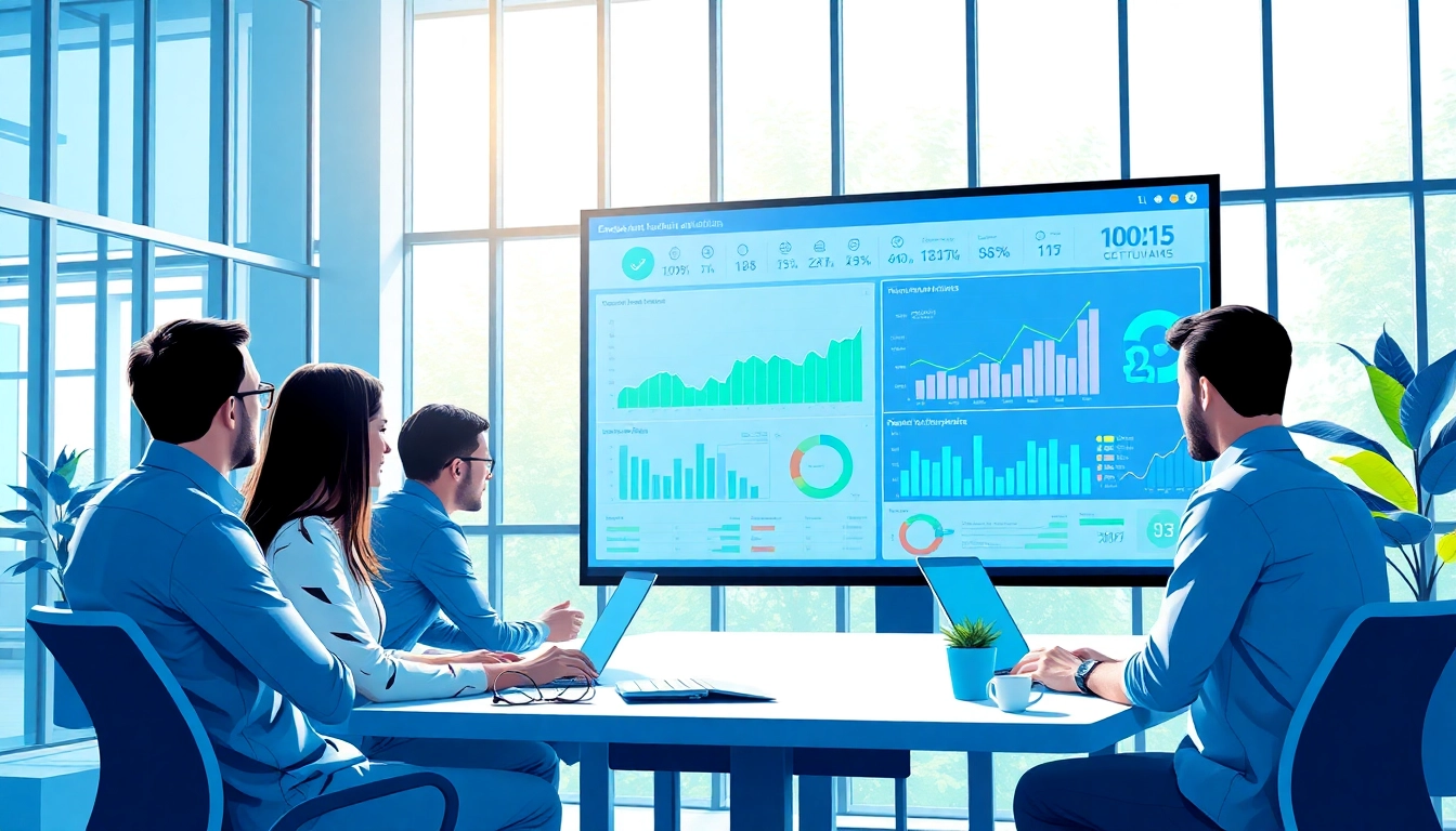 Showcasing enterprise assistant software functionalities in a vibrant office environment.