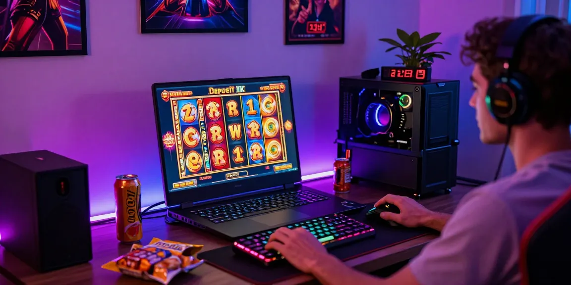 Exciting slot deposit 1k gaming session with colorful slot reels and gaming setup.