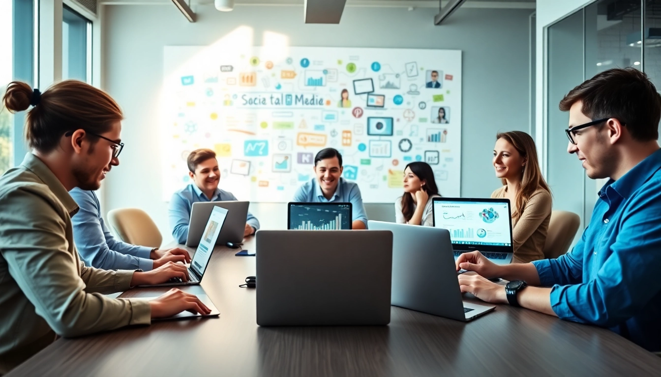 Engaged team of social media marketing companies edmonton discussing strategies in a bright office.