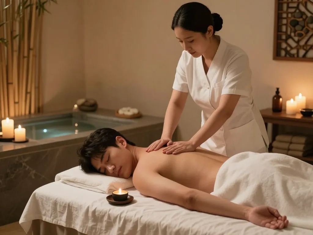 편안한 조명과 자연 요소가 있는 고요한 스파 환경에서의 포항스웨디시 마사지 치료 세션.