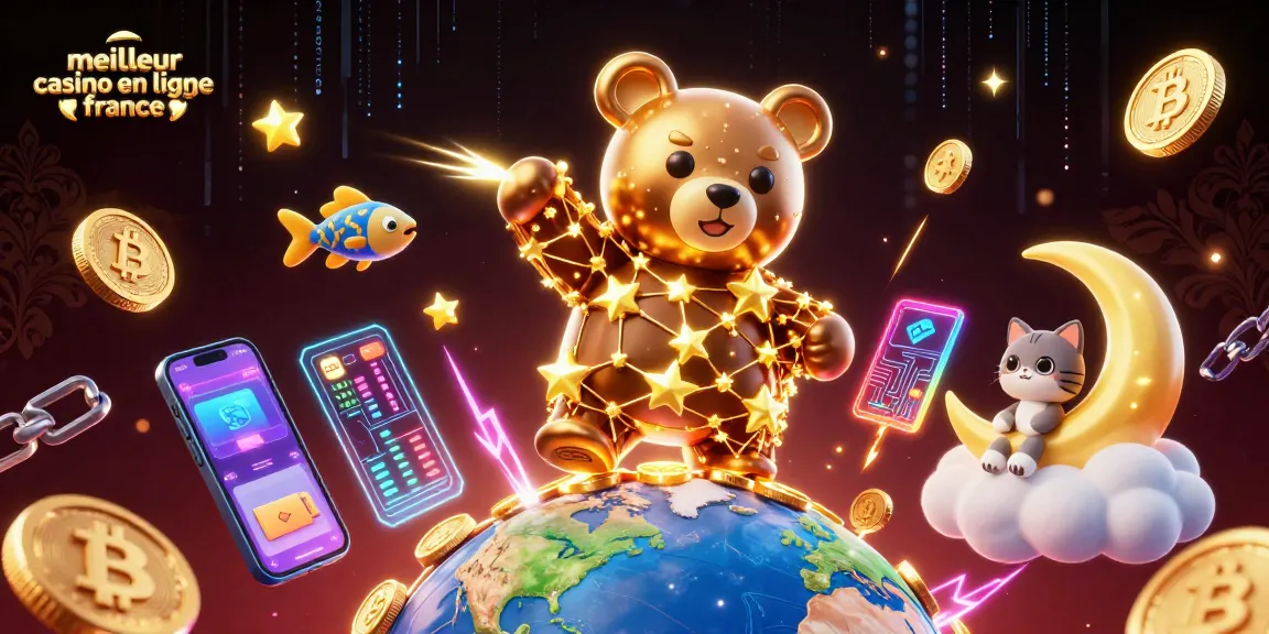 Illustration du meilleur casino en ligne France avec un ours constellation, pièces d'or et éléments de jeu numériques.