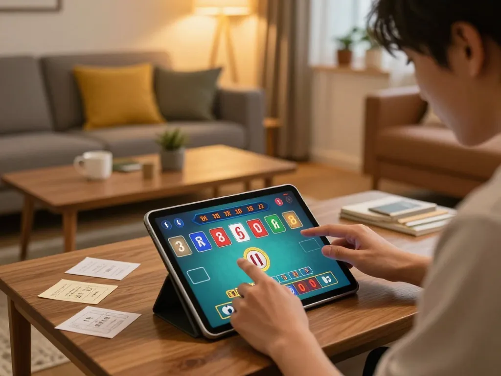 Playing tai xiu game on a tablet in a cozy home setting, showcasing strategic betting.