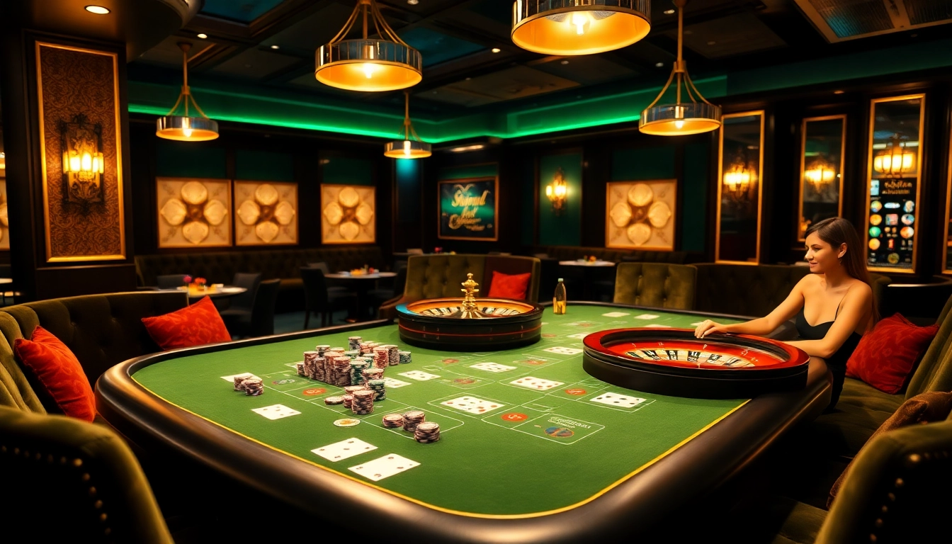 SumClub casino scene with vibrant gaming tables, poker chips, and roulette wheels for an exciting atmosphere.