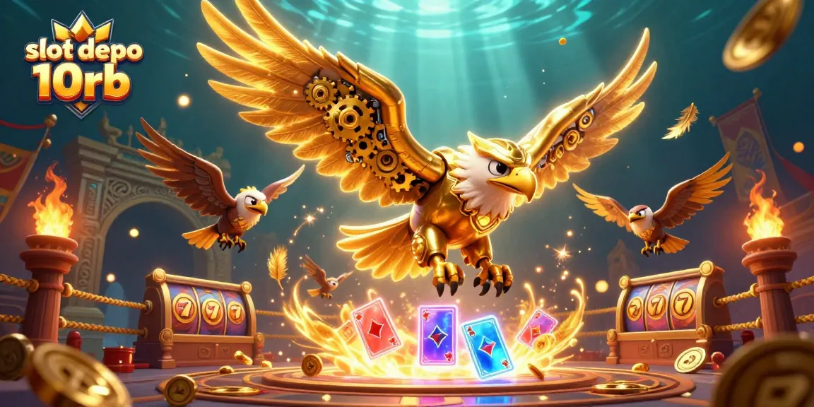 Engage with slot depo 10rb as cybernetic eagle dives through holographic cards and vibrant casino elements.