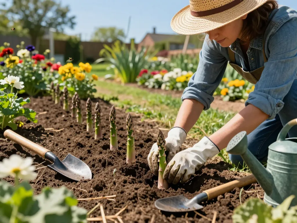 Gardener planting asparagus in a vibrant vegetable garden showcasing the ideal conditions for asperges moestuin cultivation.