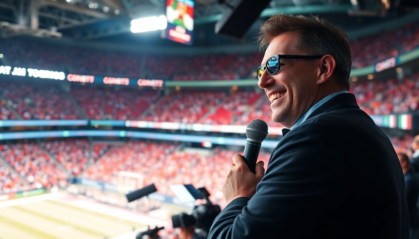 Engaging sports broadcasting setup highlighting the announcer in a vibrant arena.