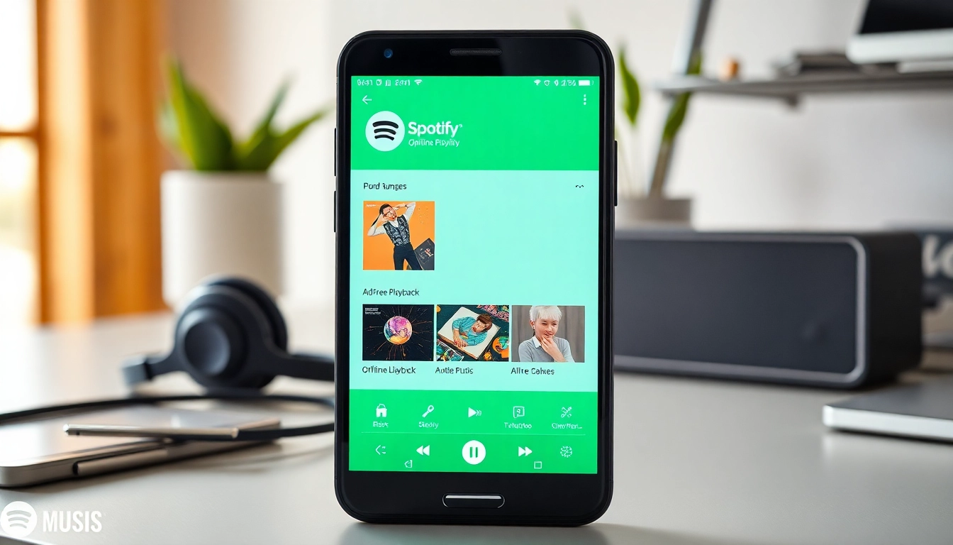 Spotify mod interface displayed on a smartphone in a modern workspace setup.