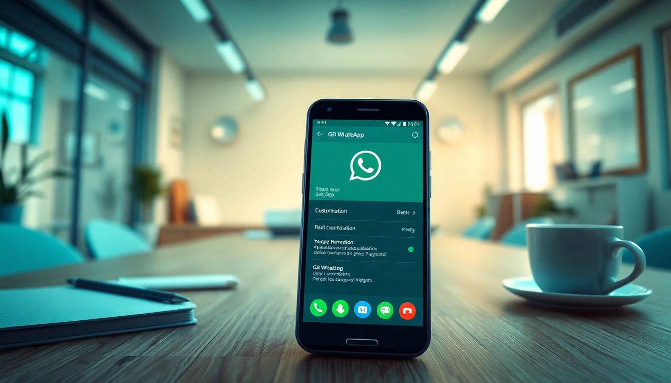 GB WhatsApp interface on smartphone with vibrant customization options in a modern workspace.