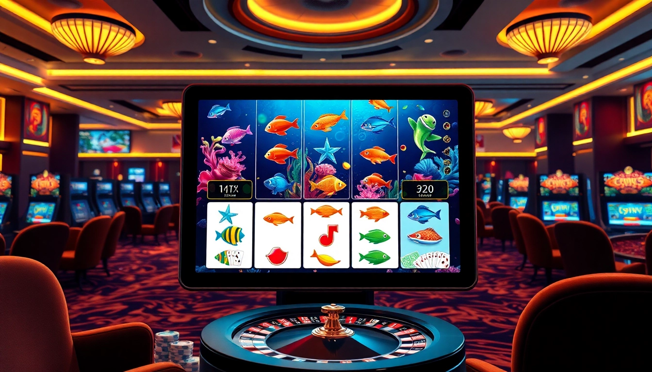 Bắn cá đổi thưởng game atmosphere with dynamic visuals, colorful fish, and online casino elements.