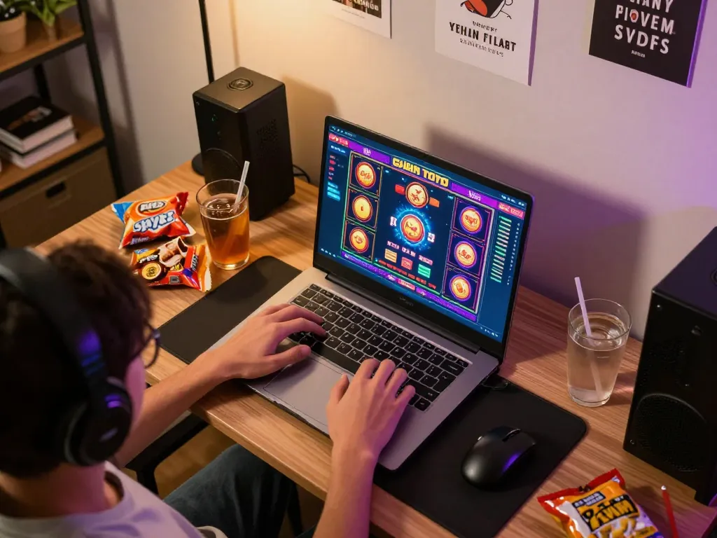 Player engages with Gajah Toto slot games in cozy home office, showcasing gaming setup and vibrant interface.