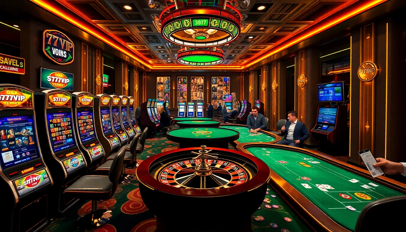 Experience exciting gaming at 777VIP's luxurious casino with vibrant slot machines and tables.