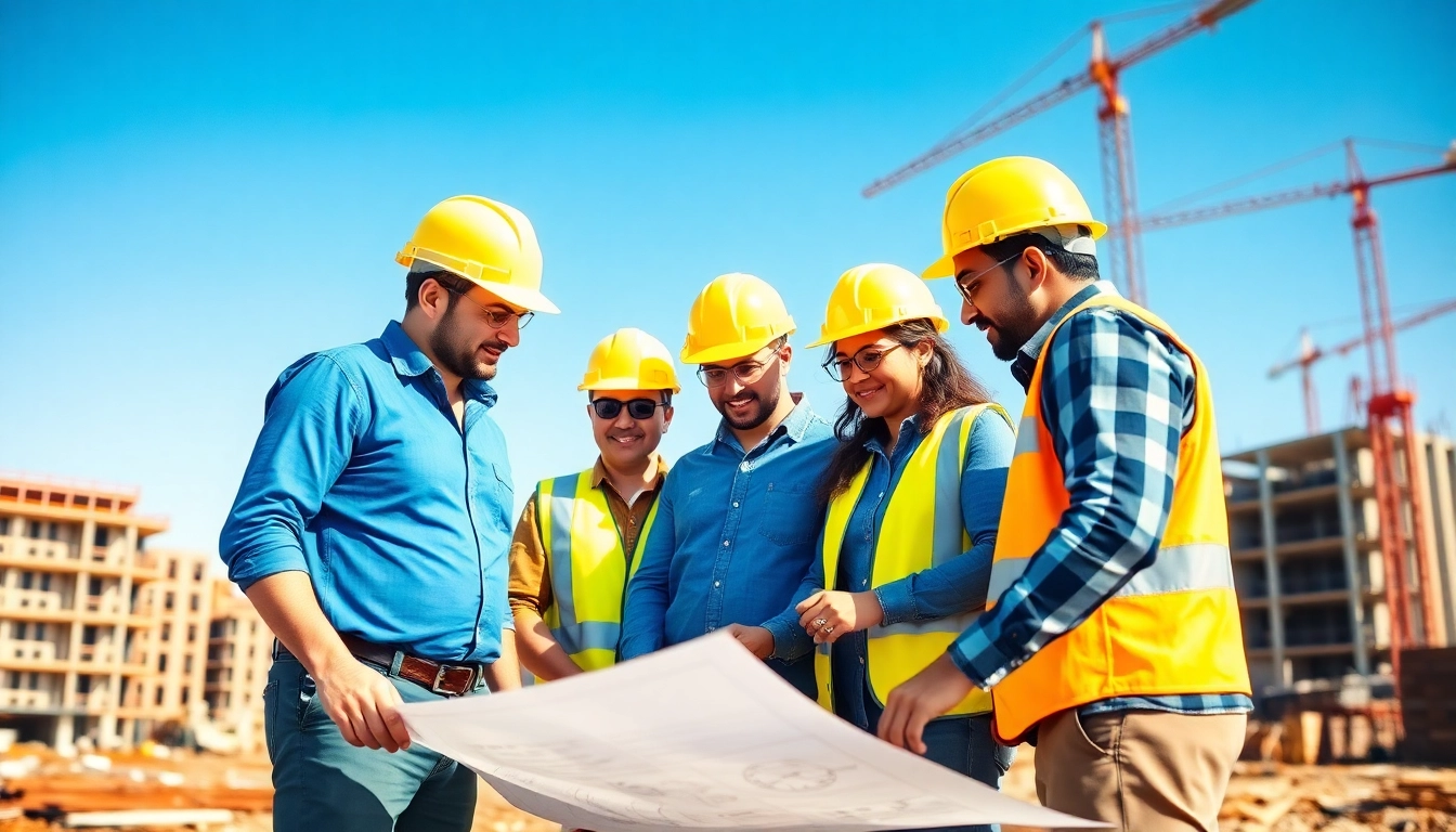 Dynamic scene of a construction association team collaborating on a building project outdoors.