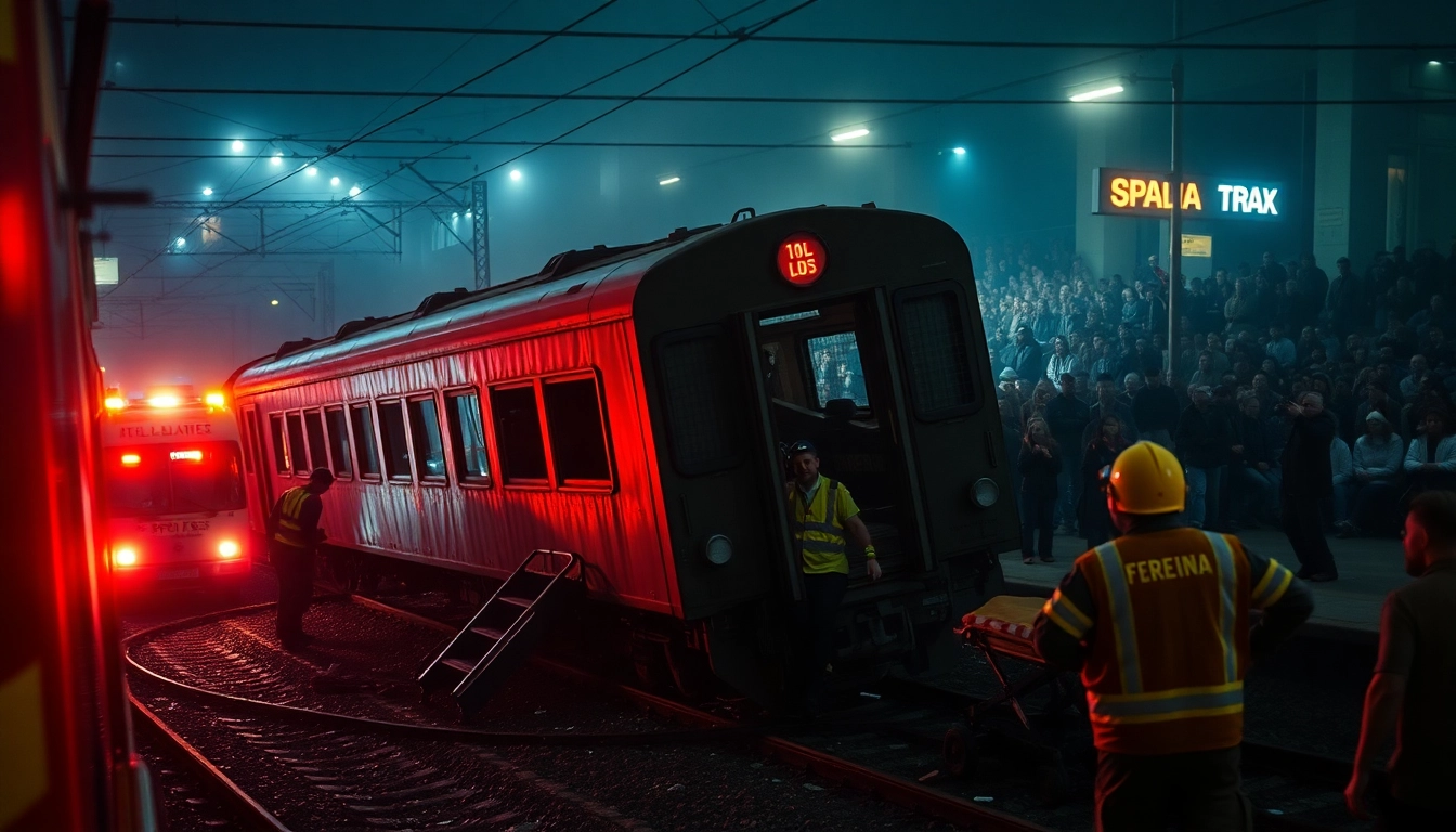 Responders assess the damage from a spain train crash, highlighting the intense scene and wreckage.
