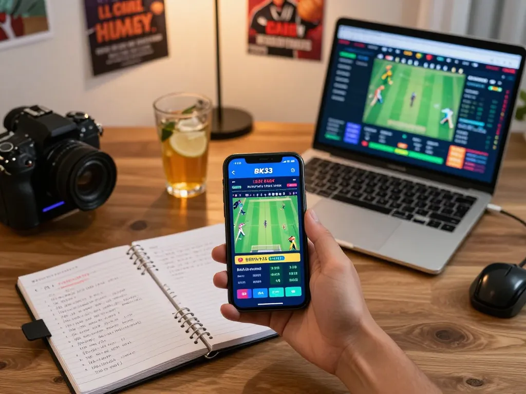 Engaging scene of online cricket betting on BK33 app with strategy notes and laptop, showcasing the thrill of gaming.