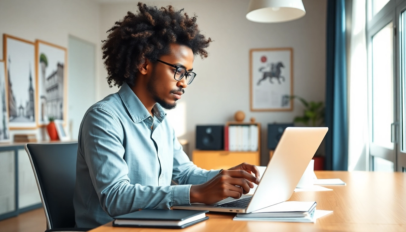Traducteur assermenté à Strasbourg travaillant sur des documents juridiques dans un bureau moderne.