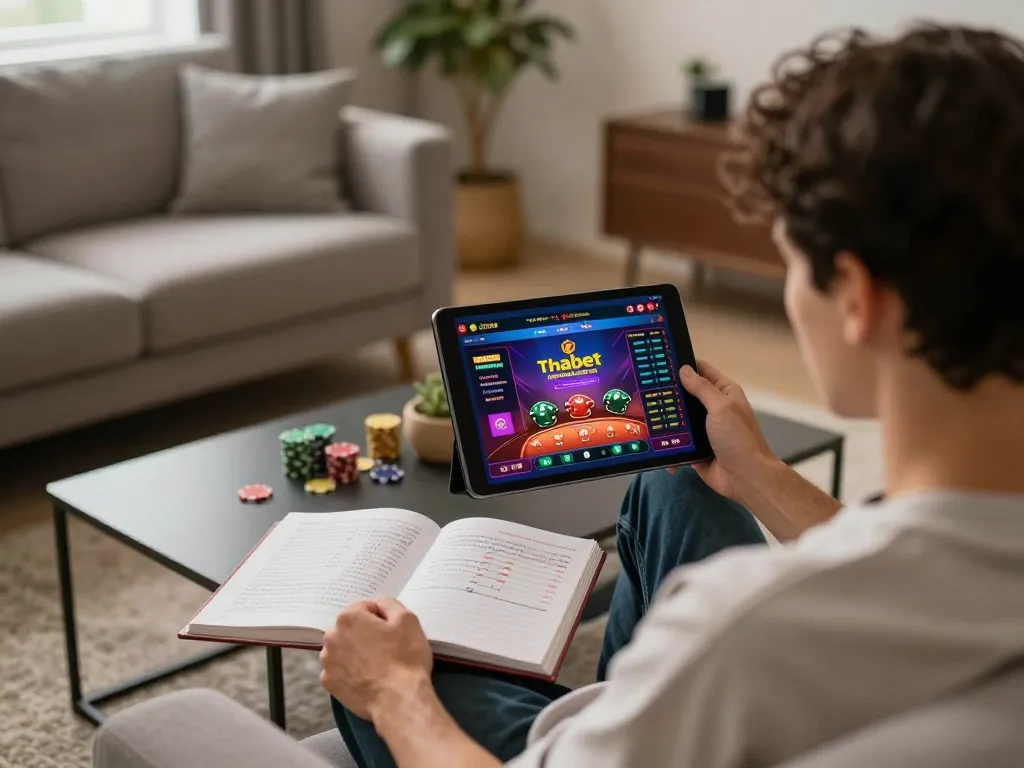 Engaging in Thabet online gaming from home with tablet and strategy notebook on the table